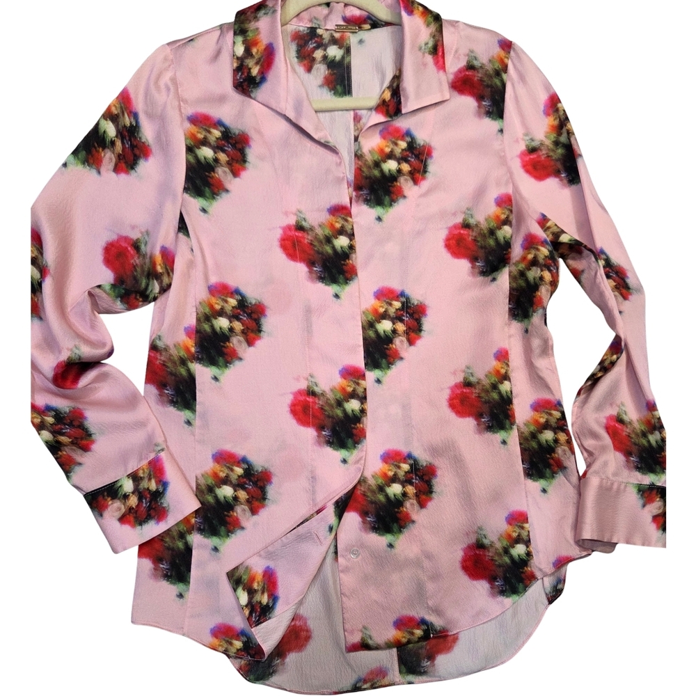 Adam Lippes Pink Abstract Floral Silk Blouse Wing Lapel Button Up Long Sleeve 6